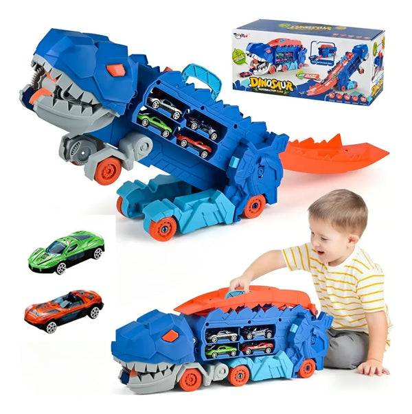 Camión Dinosaurio Trex 3 En 1 Pista, Almacena Y Come Autos