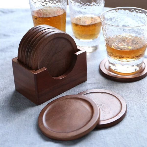 Posavasos japoneses redondos de madera de nogal (6 unds)