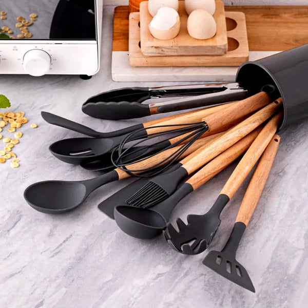 Set de utensilios de cocina de silicona 12 unidades madera