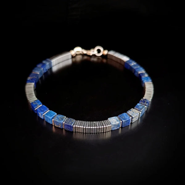Pulsera de plata 925 con lapislázuli, hematita y espiral para hombres